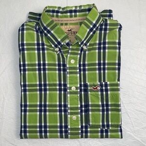 Hollister lime white blue plaid cotton button down shirt XL